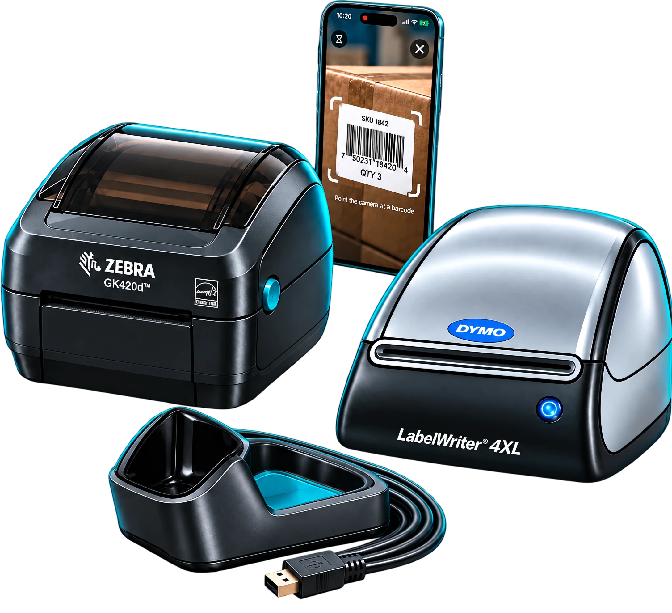 Zebra GK420d and DYMO LabelWriter 4XL label printers, a handheld barcode scanner in its cradle, an iPhone running the ScanSimple scanner app, and a roll of barcode labels