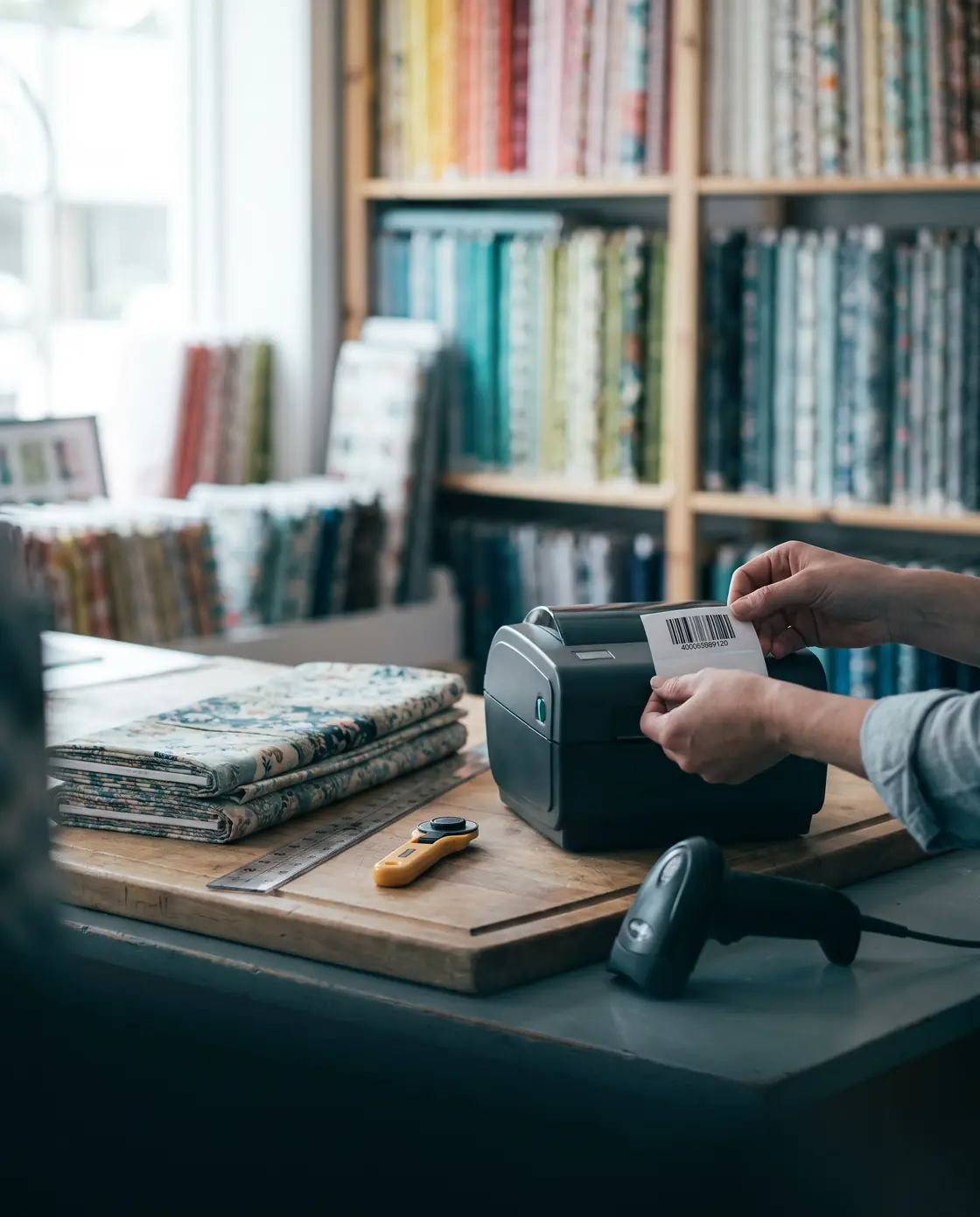 A shop employee peels a freshly printed barcode label off a desktop label printer at a fabric store's cutting counter, beside a folded cut of fabric and a handheld scanner