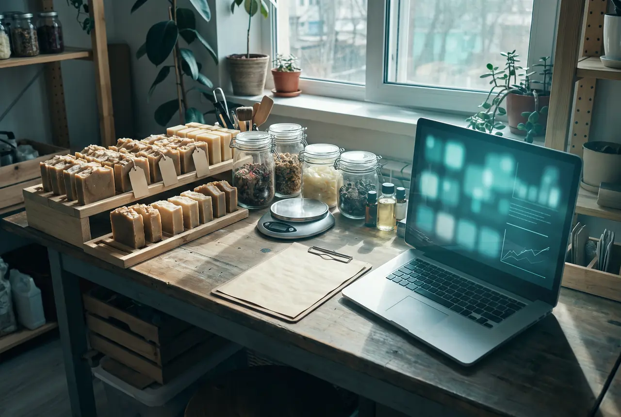 A small-batch soap studio's workbench with curing soap bars, ingredient jars, a scale and a laptop showing an inventory dashboard