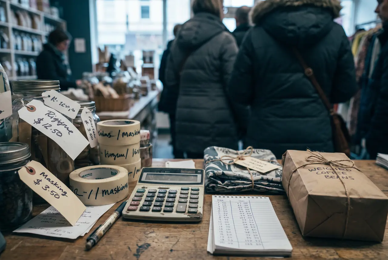 A cluttered shop counter of handwritten price tags, a calculator and a notepad of hand-copied codes, with customers waiting in line behind it