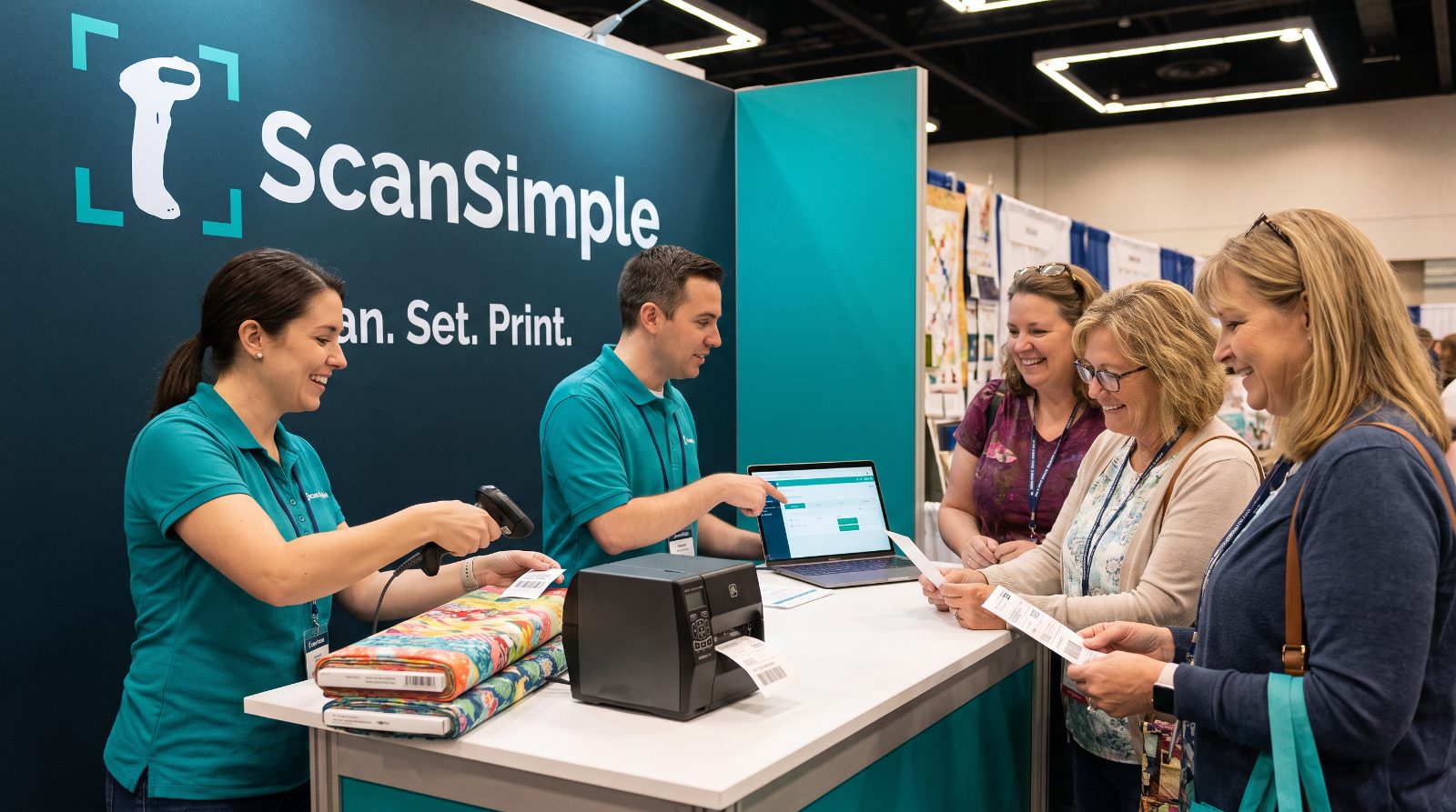 Scan Simple booth at a trade show: staff scan a bolt of quilting fabric and print a barcode price label for visiting shop owners