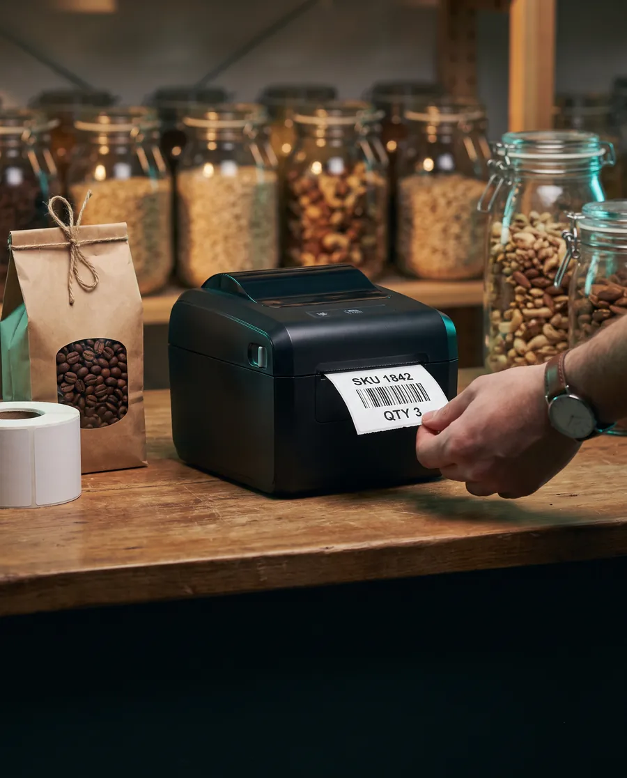 A hand tearing a freshly printed barcode label for SKU 1842, quantity 3, off a desktop thermal printer