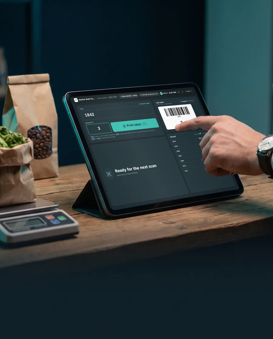 ScanSimple Retail mode on a counter tablet: SKU 1842 scanned, quantity 3 entered, and a finger on the label preview